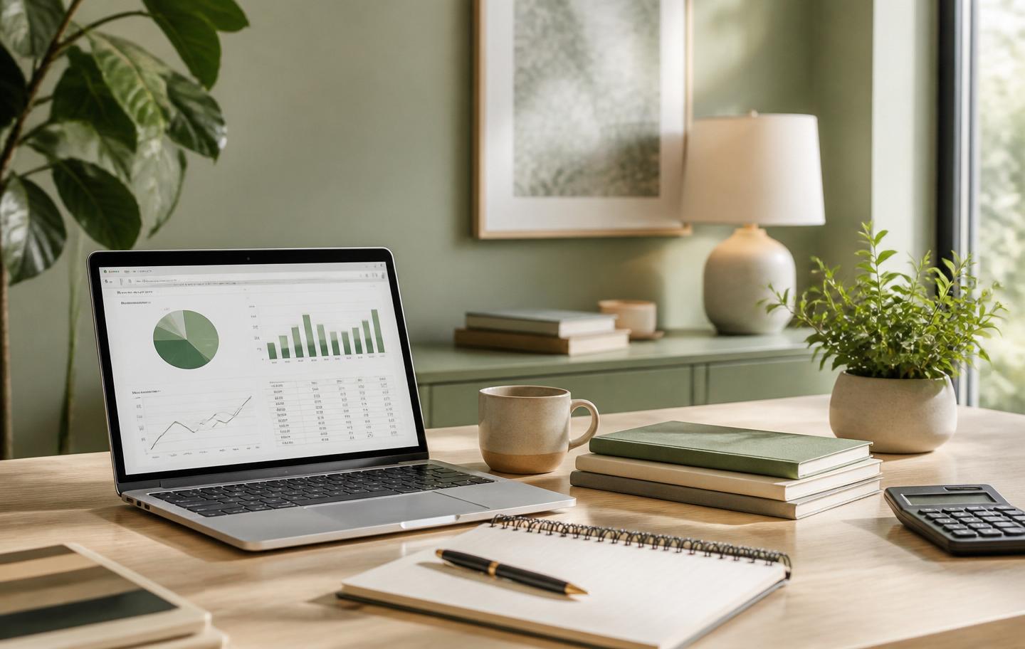A calm, organised bookkeeping workspace with financial charts on a laptop and natural light.